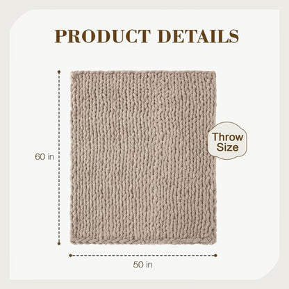 Carriediosa Chunky Knit Throw Blanket 50" X 60", 100% Hand Made Large Chenille Loop Yarn Soft Fluffy Throws for Couch Sofa Bed, Big Crochet Cozy Heavy Thick Cable Woven Blankets, Taupe