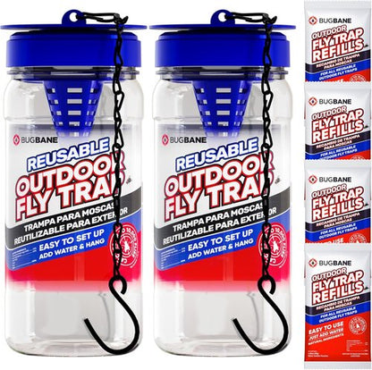 2 Fly Traps | Outdoor Patio Fly Trap with 4 Non-Toxic Bait Refills - Reusable Bug Catcher for Yard