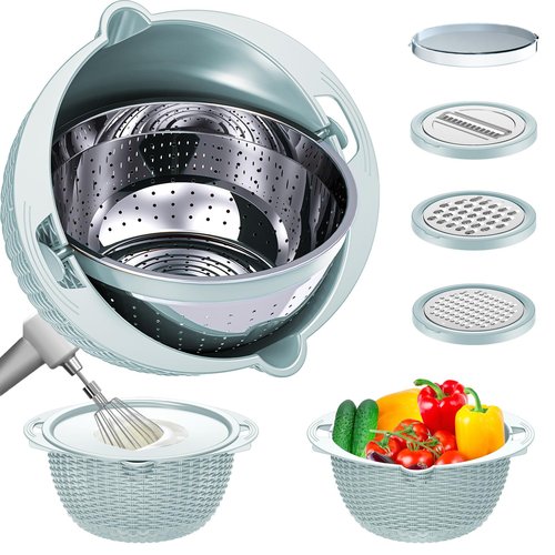 4-1 Colander with Mixing Bowl Set, Food Strainers and Colanders Set for Kitchen, Pasta Rice Strainer, Fruit and Veggie Washer, Salad Spinner, Kitchen Essentials Strainer Basket Bowl, Blue