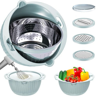4-1 Colander with Mixing Bowl Set, Food Strainers and Colanders Set for Kitchen, Pasta Rice Strainer, Fruit and Veggie Washer, Salad Spinner, Kitchen Essentials Strainer Basket Bowl, Blue