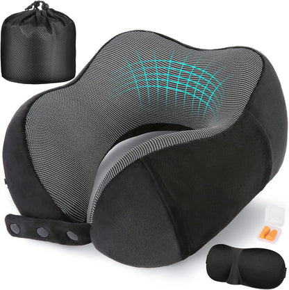Cirorld Neck Pillow - 100% Pure Memory Foam Travel Pillow with Eye Mask & Earplugs | Adjustable & Portable