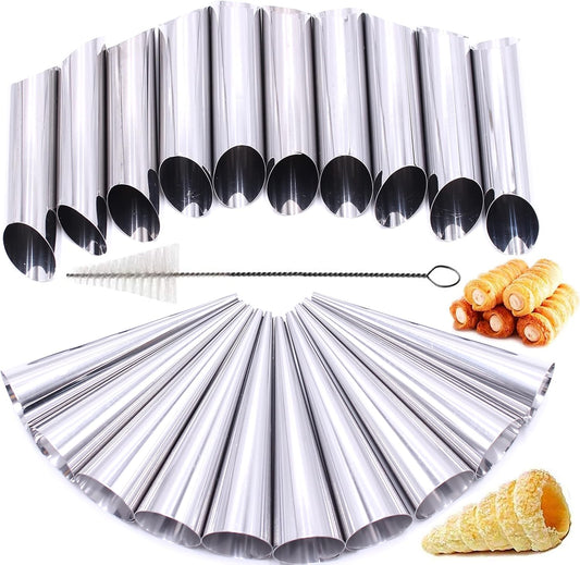 Skiennix Stainless Steel Cream Horn Molds - 21 Pcs Cannoli & Croissant Baking Tubes with Brush