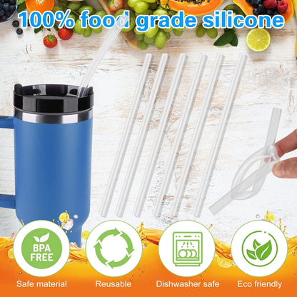 Skiennix Silicone Replacement Straws - 6 Pack for Stanley 20/30/40oz Cups | Reusable Long Straws with Cleaning Brush