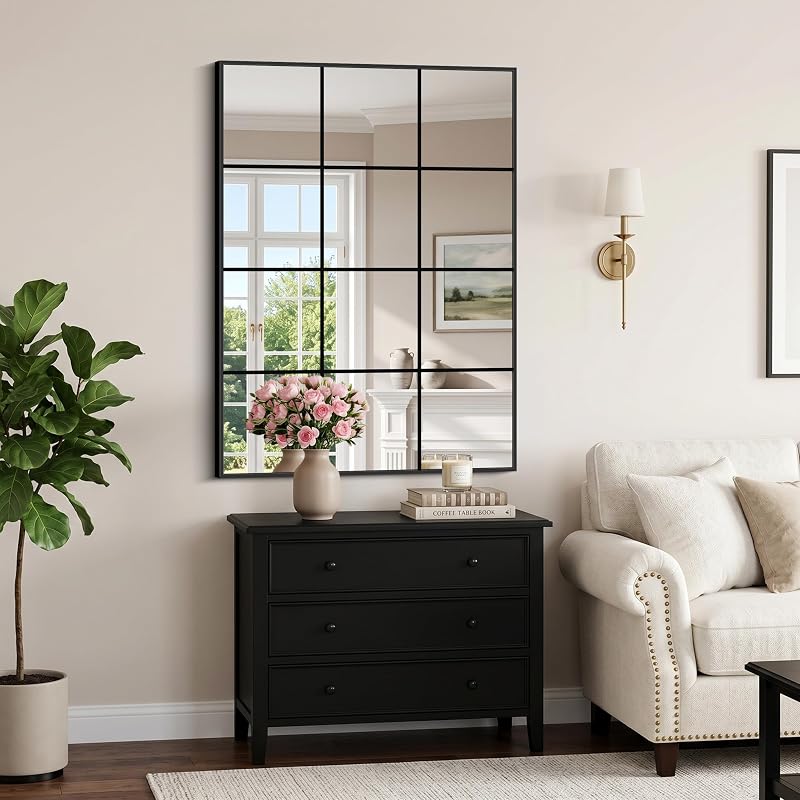 YIROMAN Window Pane Mirror 48x35 Inch Black Grid Wall Mirror