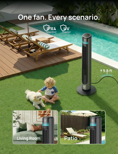 DREO Smart Tower Fan for Indoor & Outdoor Use, 33 ft/s High Velocity, 12 Speeds, 4 Modes Standing Floor Fan, 150° Customizable Oscillating, 20 dB Quiet DC Motor for Bedroom, Weather Resistant