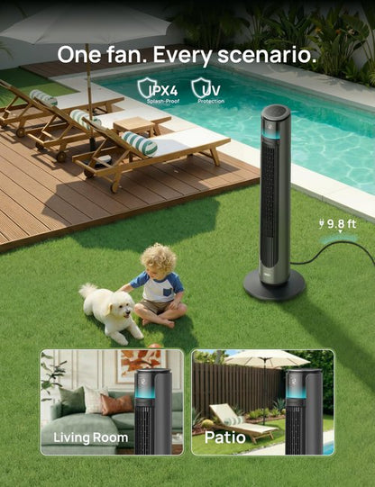 DREO Smart Tower Fan for Indoor & Outdoor Use, 33 ft/s High Velocity, 12 Speeds, 4 Modes Standing Floor Fan, 150° Customizable Oscillating, 20 dB Quiet DC Motor for Bedroom, Weather Resistant