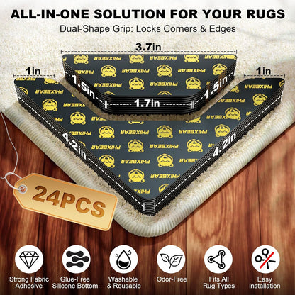 PHIXBEAR Rug Tape - 24 Pcs Strong Hold Anti-Slip Pads | Washable & Reusable No-Glue Silicone Design