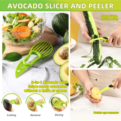 13Pcs Melon Baller Spoon Set,4 in 1 Stainless Steel Fruit Scooper Seed Remover Cutter, Peeler, 3 in 1 Avocado Slicer Tool,Fruit Cutters Shapes, Apple Slicer and Corer,Watermelon Knife,Green