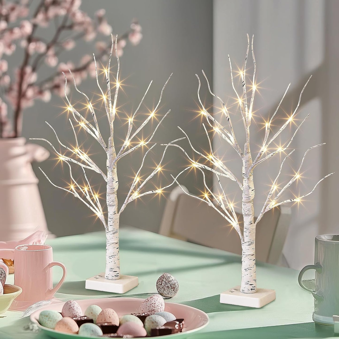 PEIDUO 2FT Birch Tree LED Light Decoration - Warm White Easter Table Lamp | Battery Powered, Timer (2PK)