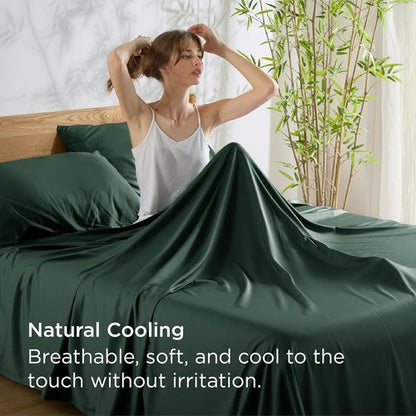 Bedsure Queen Sheet Set - Cooling Rayon Bamboo Sheets | Breathable & Soft, Deep Pocket 16" - Forest Green