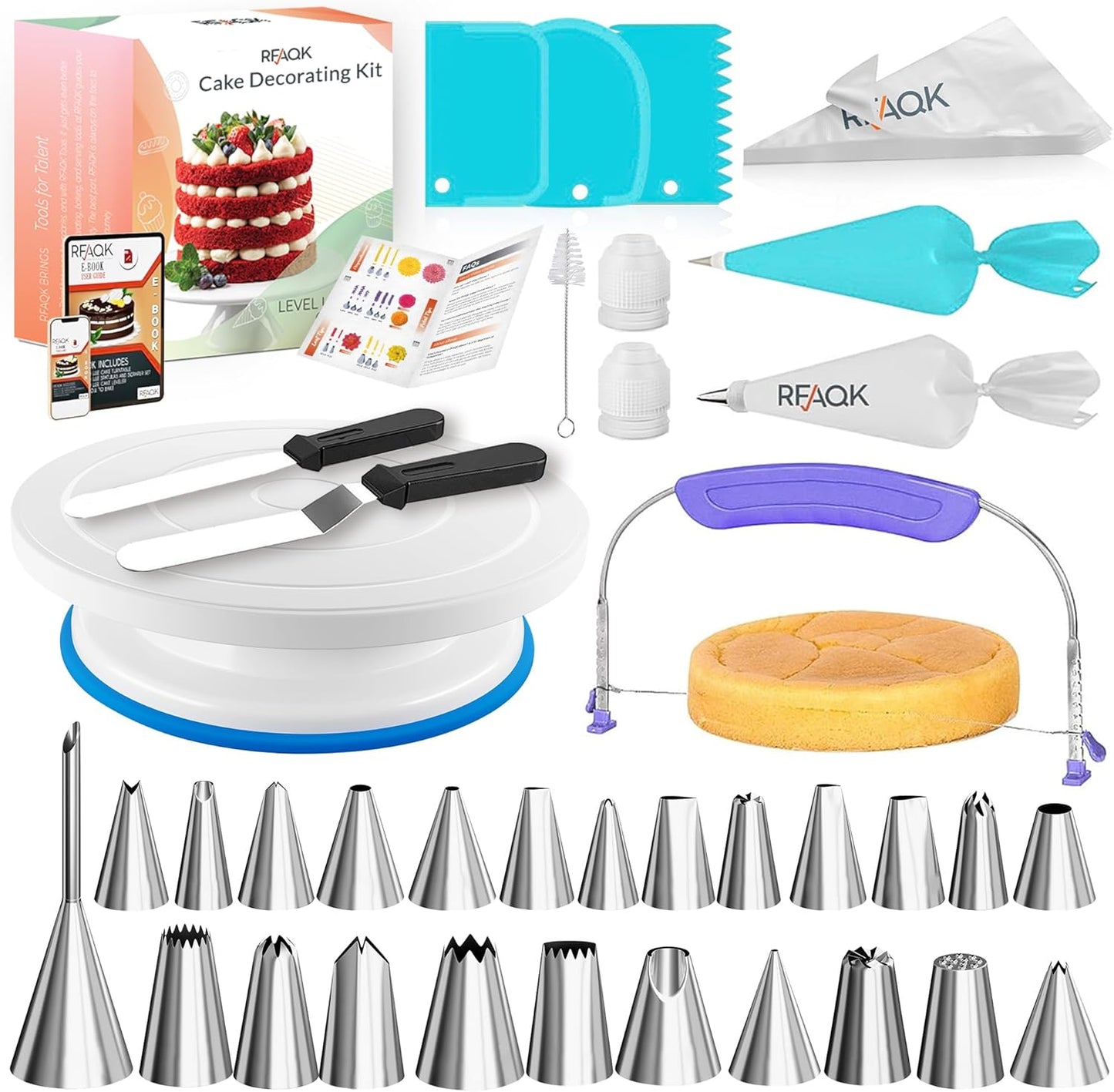 RFAQK 90-Piece Cake Decorating Kit - Complete Baking Supplies with Turntable, Icing Tips & Spatulas
