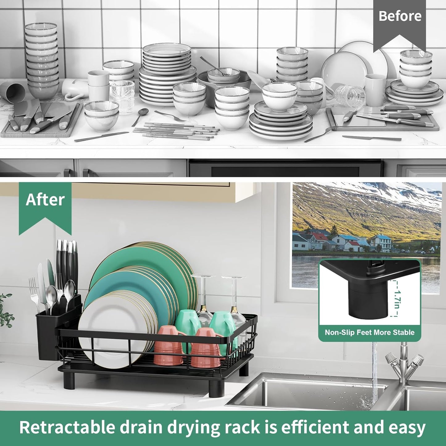 MOUKABAL Stainless Steel Dish Drying Rack - Removable Utensil Holder & Drainboard | Black, 13"W x 17"L