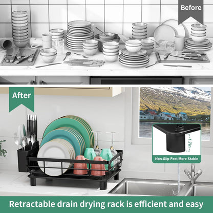 MOUKABAL Stainless Steel Dish Drying Rack - Removable Utensil Holder & Drainboard | Black, 13"W x 17"L