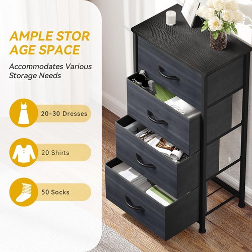 DWVO 4 Drawers Dresser, Dresser for Bedroom, Fabric Storage Tower, Chest of Drawers, Organizer Unit for Closets, Living Room, Sturdy Steel Frame, Wooden Top, Easy Pull Fabric Bins