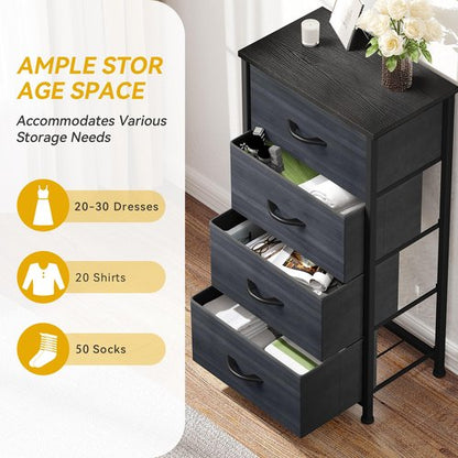 DWVO 4 Drawers Dresser, Dresser for Bedroom, Fabric Storage Tower, Chest of Drawers, Organizer Unit for Closets, Living Room, Sturdy Steel Frame, Wooden Top, Easy Pull Fabric Bins