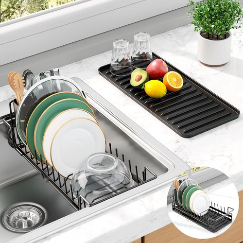 Kitsure Dish Drying Rack - Expandable Space-Saving Kitchen Rack with Cutlery Holder & Drip Tray | Black, 14.2"-20.9" L x 6.3" W x 8.0" H