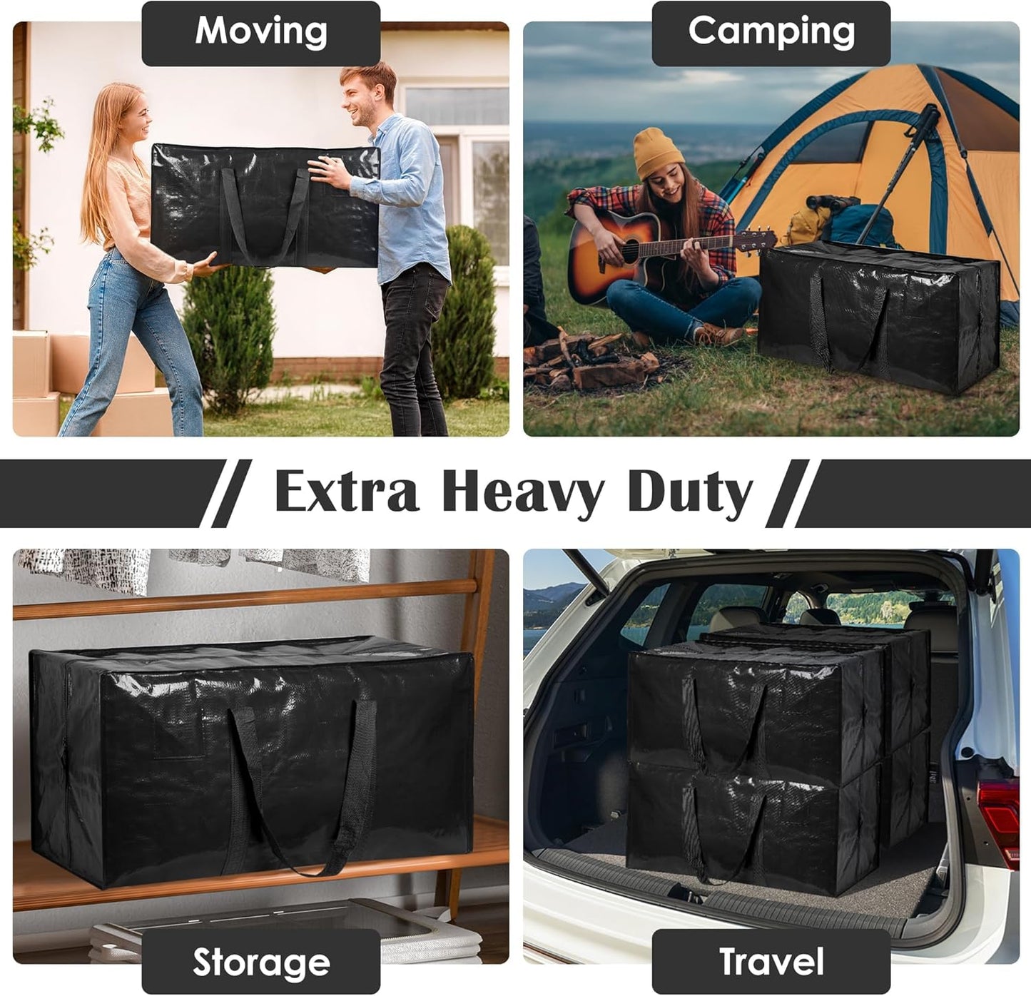 Skiennix 6 Pack Moving Bags - Extra Large 93L Waterproof Storage Totes for Home & College | Black