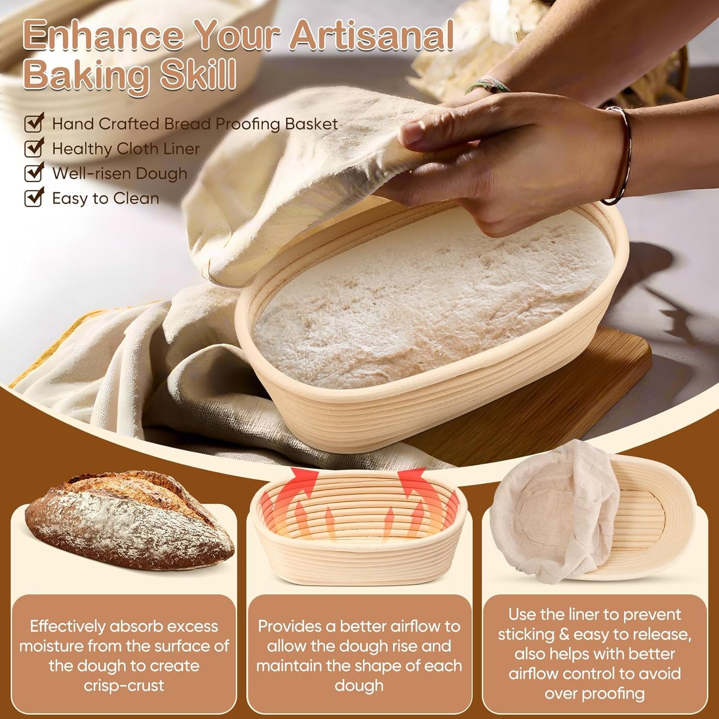 TeamFar Sourdough Bread Proofing Basket Set - 10 Inch Oval Baskets with Liner for Perfect Dough Fermentation