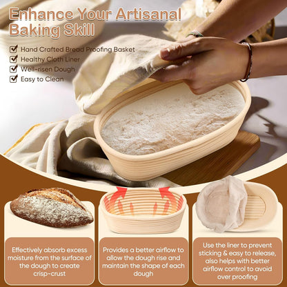 TeamFar Sourdough Bread Proofing Basket Set - 10 Inch Oval Baskets with Liner for Perfect Dough Fermentation