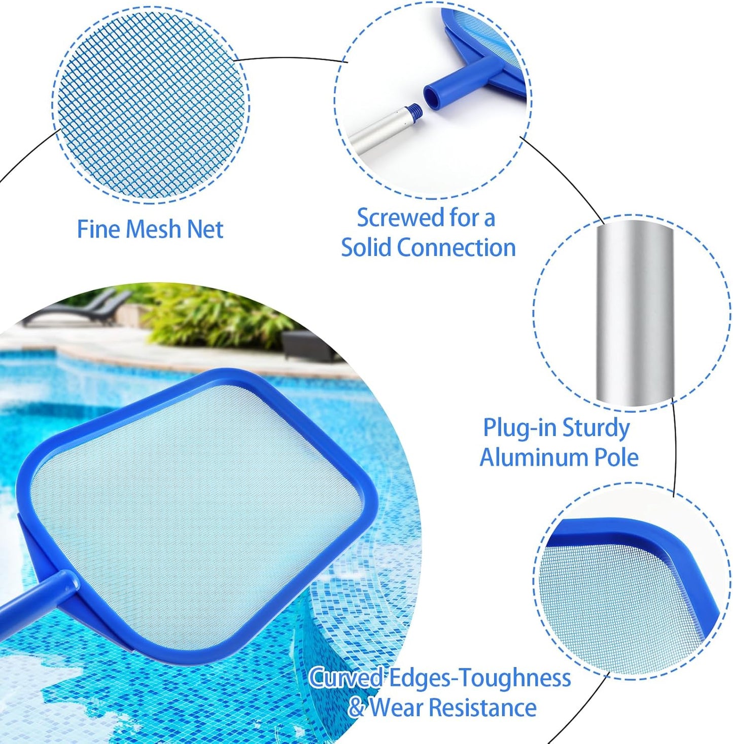 Pool Skimmer | Adjustable Telescopic Aluminum Pole (23''-60'') - Ultra Fine Mesh Net for Pools & Spas