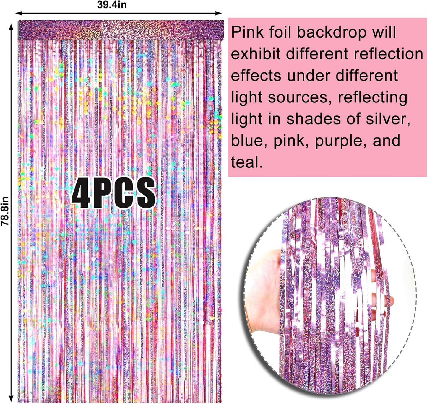 Pink Foil Fringe Curtain by [Brand Name] - 4 Pack Metallic Tinsel Backdrop for Birthday & Wedding Decor