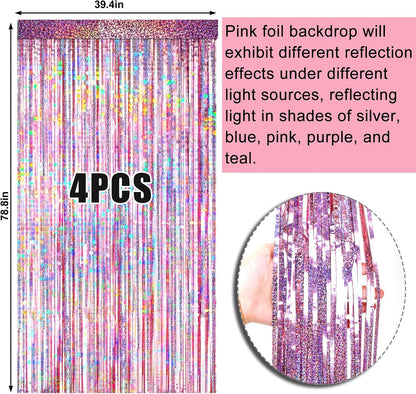 Pink Foil Fringe Curtain by [Brand Name] - 4 Pack Metallic Tinsel Backdrop for Birthday & Wedding Decor