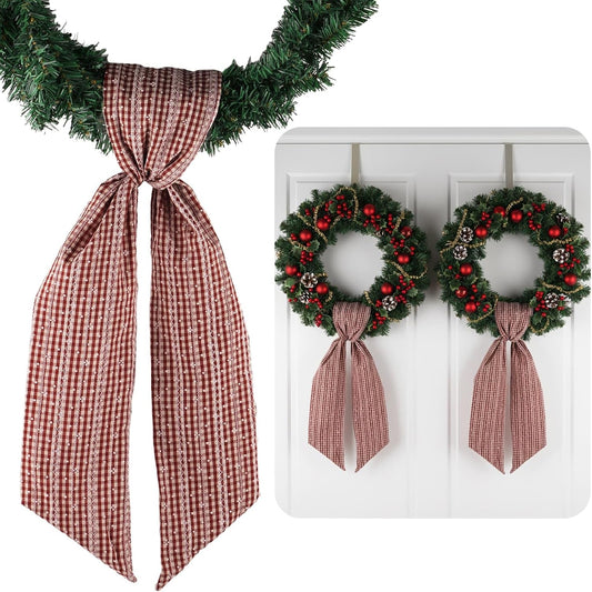 Regine Switzerland 2 Pack Jacquard Plaid Wreath Sashes - Red & Beige | 5.12" x 54.33" Farmhouse Decor