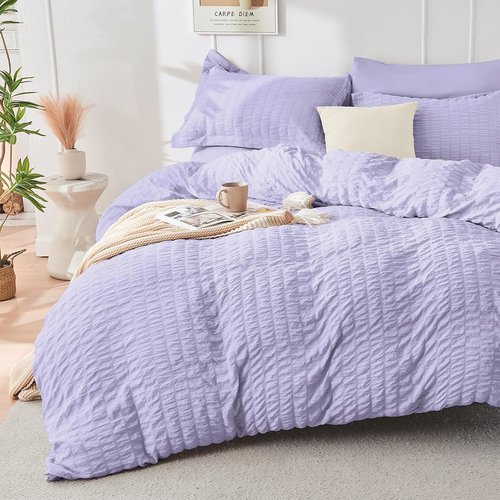HYMOKEGE Comforter Set - Light Purple Seersucker Luxury Bedding | 7-Piece All-Season Bed in a Bag