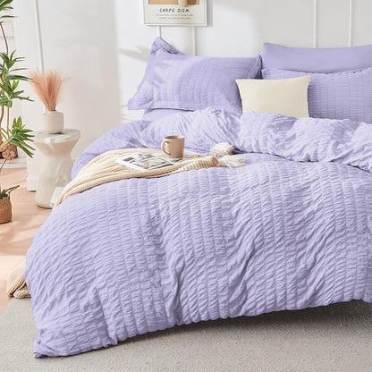 HYMOKEGE Comforter Set - Light Purple Seersucker Luxury Bedding | 7-Piece All-Season Bed in a Bag