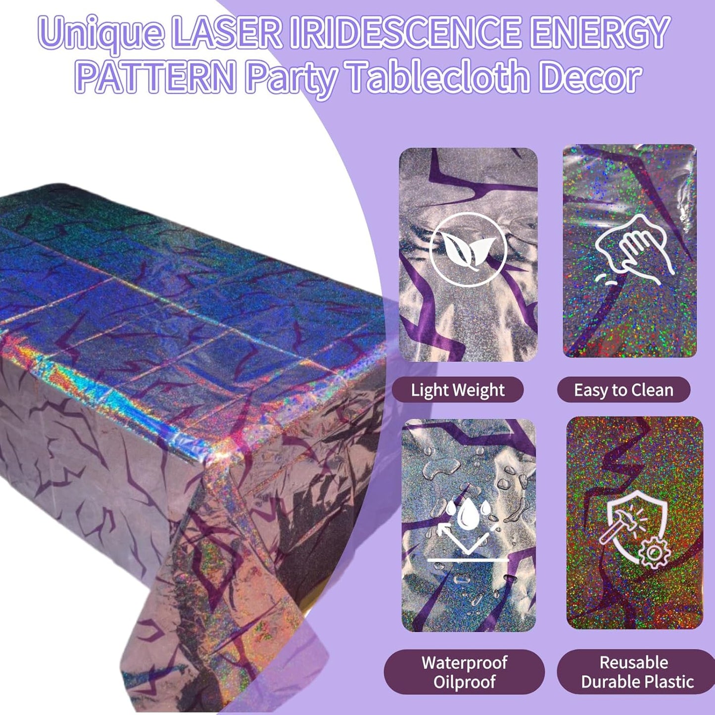 Skiennix Holographic Tablecloth - 54x108 Inch Purple Lightning Bolt | Waterproof Disposable Cover for K-Pop Birthday Party