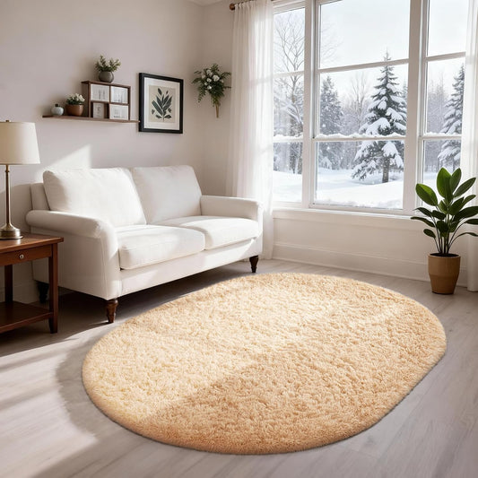 Ophanie 3x5 Oval Rug - Non-Slip Beige Area Rug for Bedroom & Dorm | Fluffy Home Decor Essentials