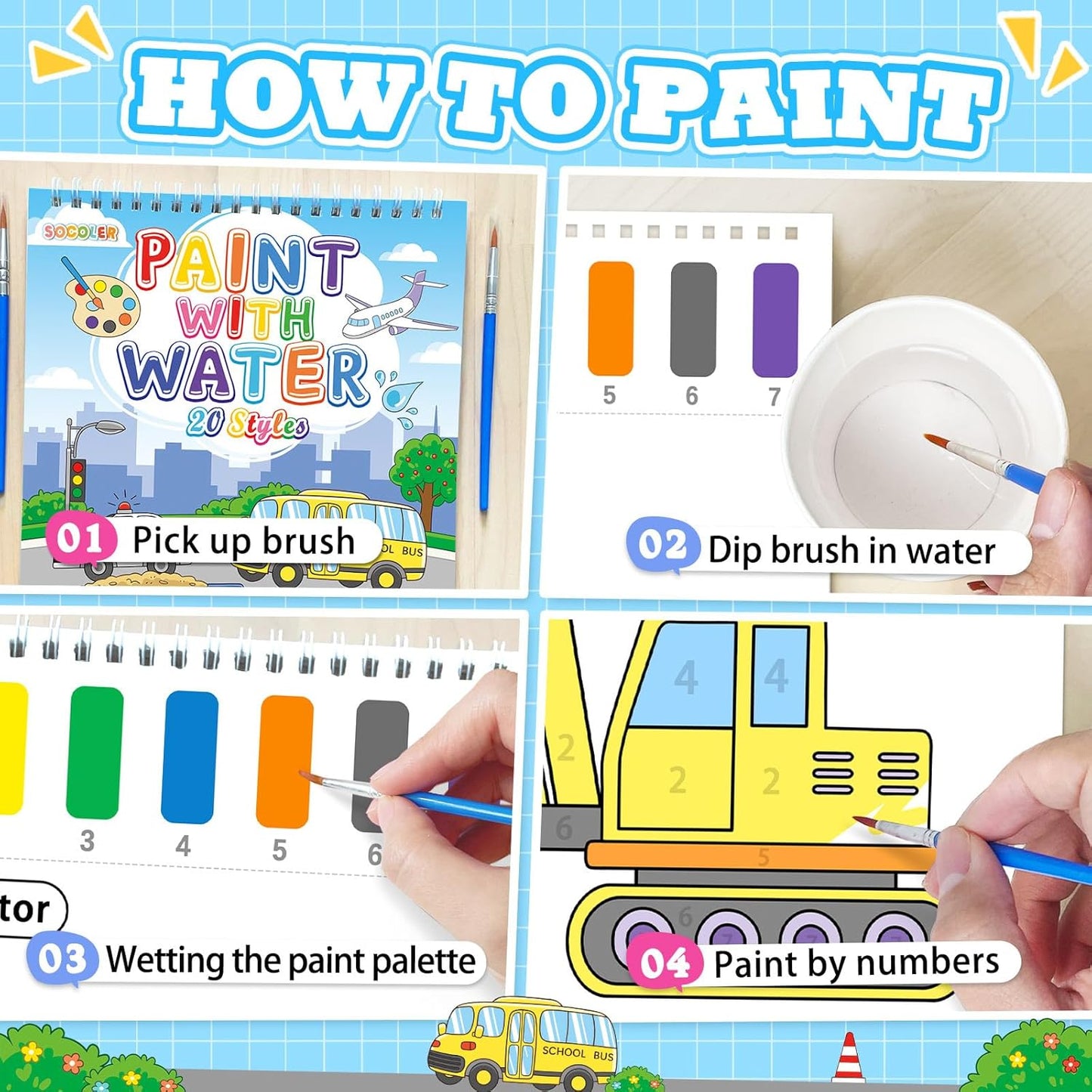 SOCOLER Watercolor Painting Kit - Mess-Free Traffic Theme Coloring Books for Toddlers Ages 1-8