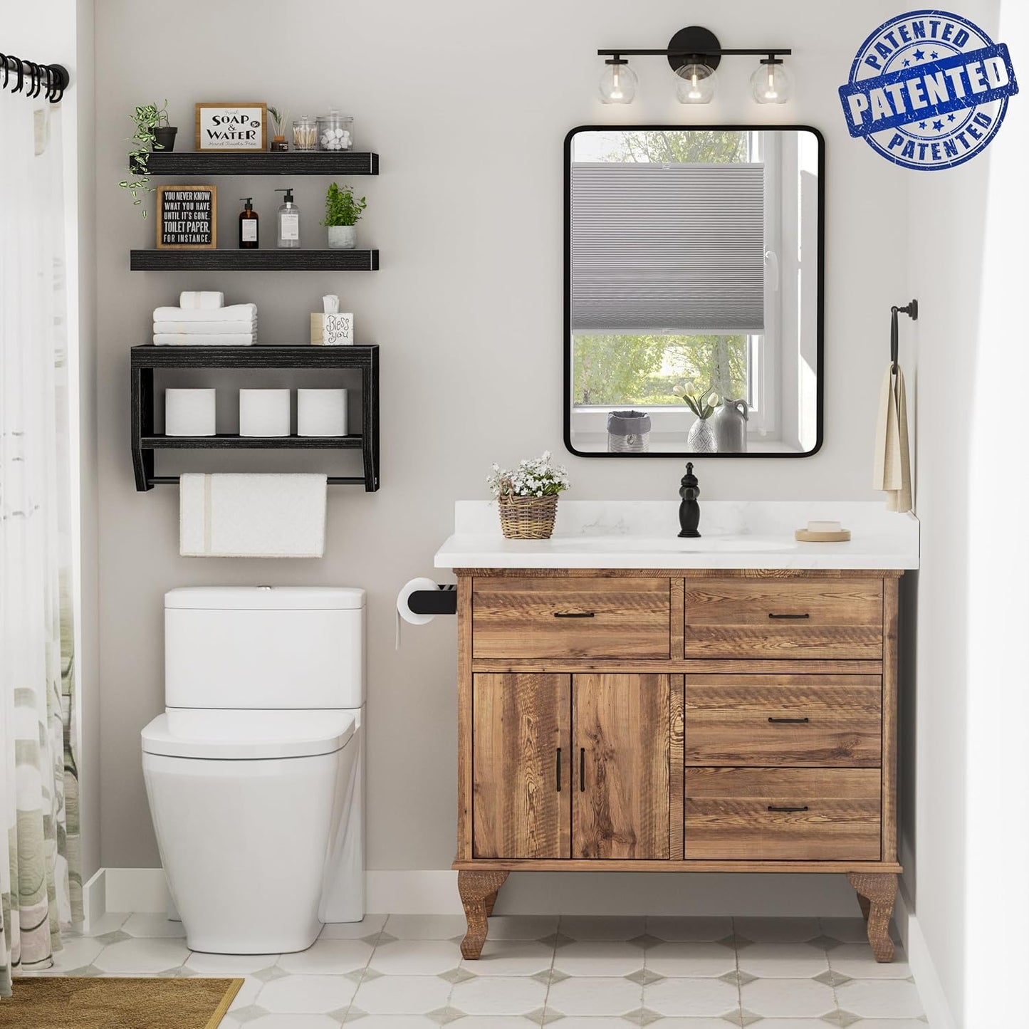 QEEIG Floating Bathroom Shelves - Stylish Wall Storage for Toilet Paper | Set of 3, 16-Inch, Black
