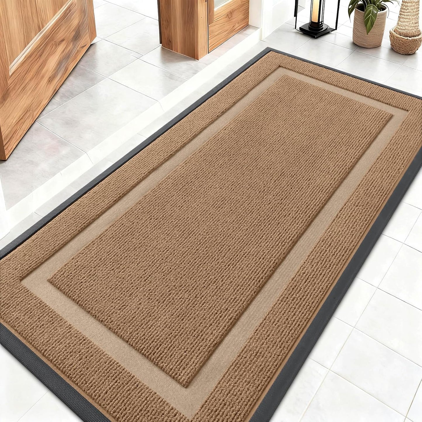 OLANLY Waterproof Front Door Mat - All-Season Natural Rubber Doormat | Easy Clean, 47x23, Light Brown