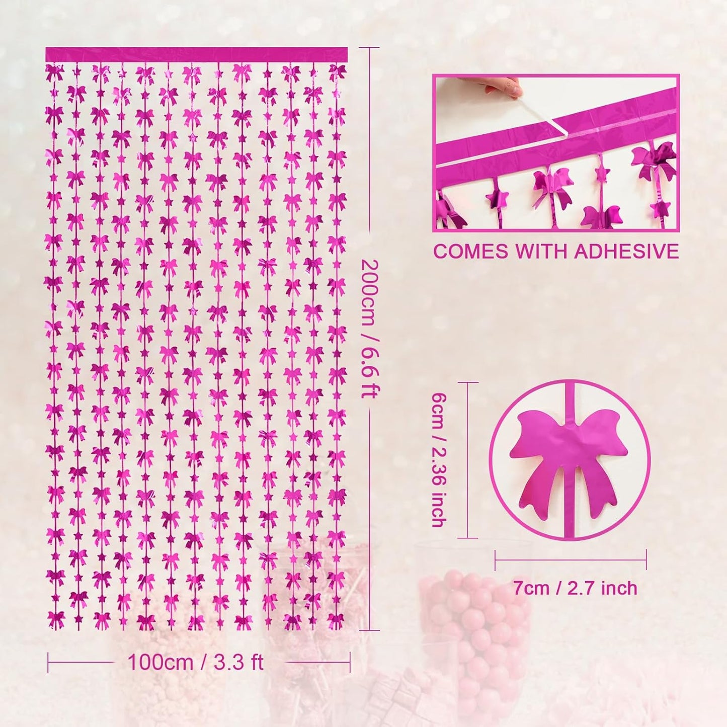 Menstarsi Bow Party Decorations - Hot Pink Foil Fringe Curtains | 2 Pack, 3.3 X 6.6 Ft Backdrop for Birthdays & Bachelorette Parties