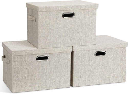 Graciadeco Large Collapsible Storage Bins - Stackable Beige Linen Fabric Boxes | 3-Pack (16.6 x 11.7 x 10.8)