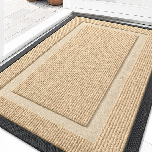 OLANLY Front Door Mat Indoor Outdoor Entrance, Waterproof All-Season, All-Weather Doormat, Sturdy Natural Rubber, Fade Resistant, Low Profile, Easy Clean Patio Porch Entryway Mat, 33x21, Beige