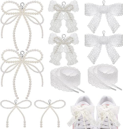Draupnir 8 Pcs Pearl Lace Bow Shoe Charms - Aesthetic DIY Decorations for Sneakers & Accessories