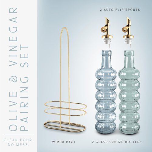COOK WITH COLOR Glass Olive Oil Bottle Dispenser - 17oz Elegant Waves Carafe - 2 Pack in Blue