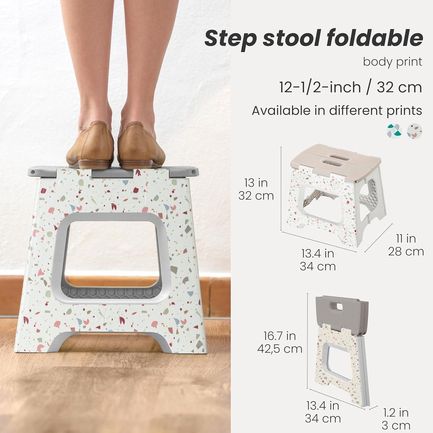 Vigar Foldable Step Stool - Lightweight Non-Slip Design for Adults | 12.5-Inch, Grey Terrazo Pattern