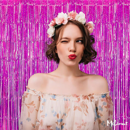 Skiennix 4 Pack Fuchsia Fringe Curtain Backdrop - 3.2Ft x 6.6Ft Metallic Tinsel Streamers for Parties & Events