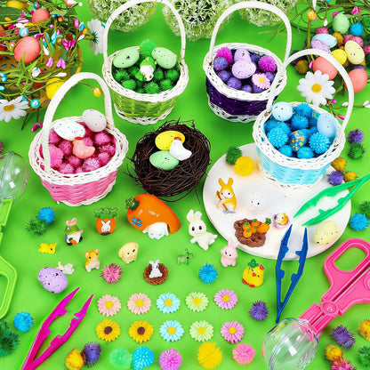 Skiennix Easter Sensory Bin Filler | 287 Pcs with Eggs, Bunnies, Felt Flowers & Pom Poms for Counting Fun