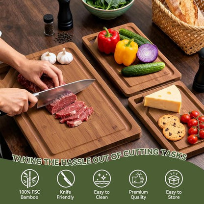 Bamboo Cutting Boards Set - 3-Pack Kitchen Chopping Boards with Deep Juice Grooves & Holder