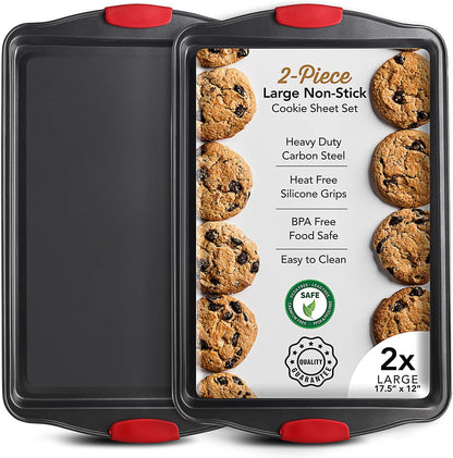 Skiennix Baking Sheet Set - 2-Piece Nonstick Cookie Sheets with Silicone Handles | BPA-Free Steel Pans