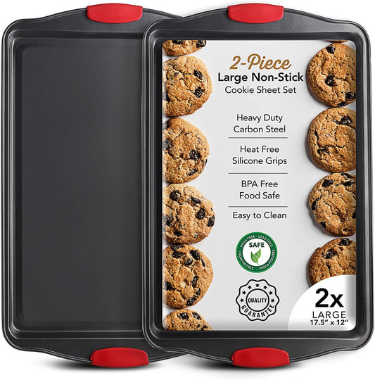 Skiennix Baking Sheet Set - 2-Piece Nonstick Cookie Sheets with Silicone Handles | BPA-Free Steel Pans
