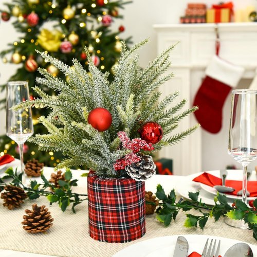 Buffalo Check Plaid Christmas Tree | 2 Pack Small Centerpiece Decor with Pine Cones & Berries