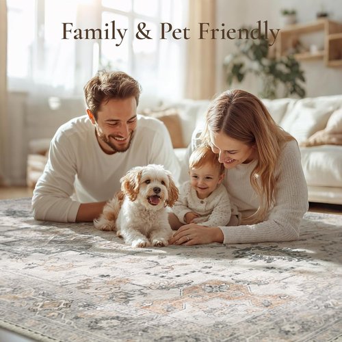 GENIMO 5X7 Area Rug - Machine Washable Non-Slip Vintage Chenille Print for Living Room & Bedroom - Light Taupe Brown