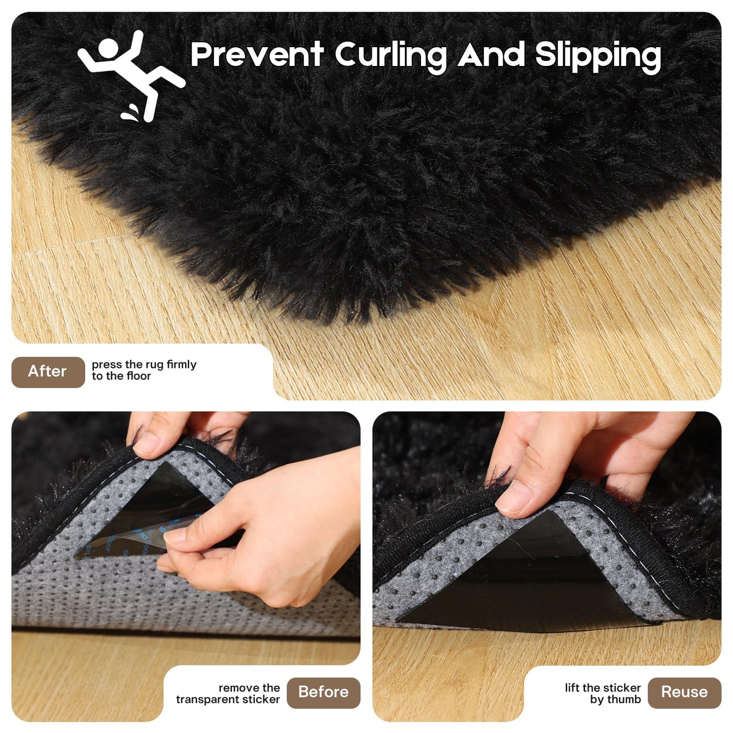 Mhyup 2x3 Black Rug for Bedroom Living Room, Fluffy Small Area Rug Soft Shag Carpet for Kids Boys and Girls Room with 4 Rugs Non-Slip Stickers Dorm Home Decor (2ft x 3ft)