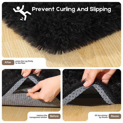 Mhyup 2x3 Black Rug for Bedroom Living Room, Fluffy Small Area Rug Soft Shag Carpet for Kids Boys and Girls Room with 4 Rugs Non-Slip Stickers Dorm Home Decor (2ft x 3ft)