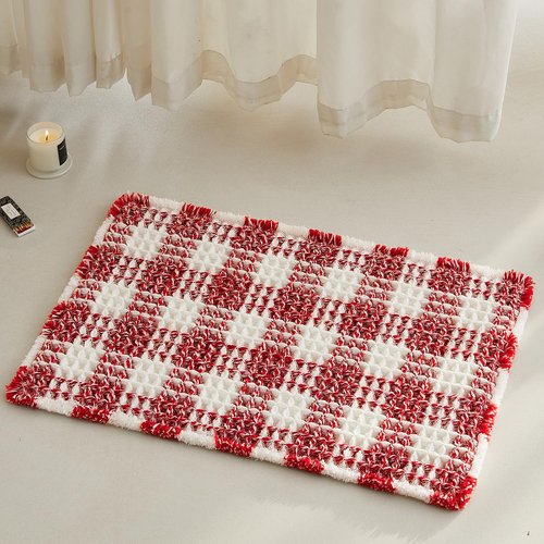 TYUU Waffle Bath Mat, Boho Christmas Bathroom Rugs Non Slip Washable Absorbent Checkered Bathroom Mat Quick Dry Cute Bath Mat, 24"x16" Red and White